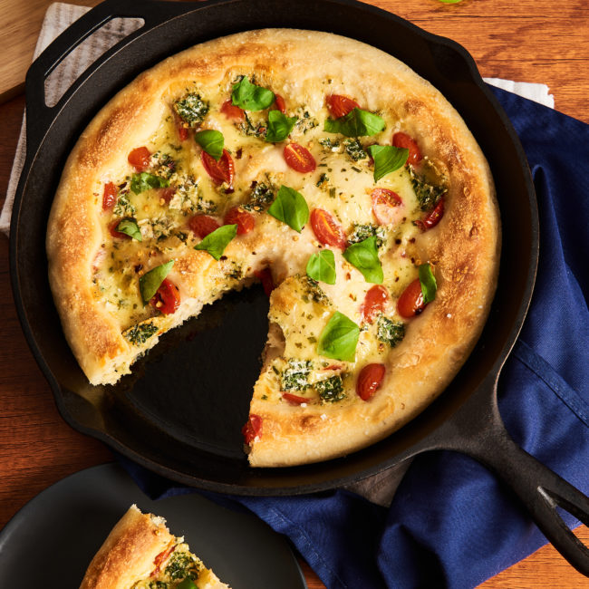 Skillet Pizza with Fromager d’Affinois, Grape Tomatoes, and Basil